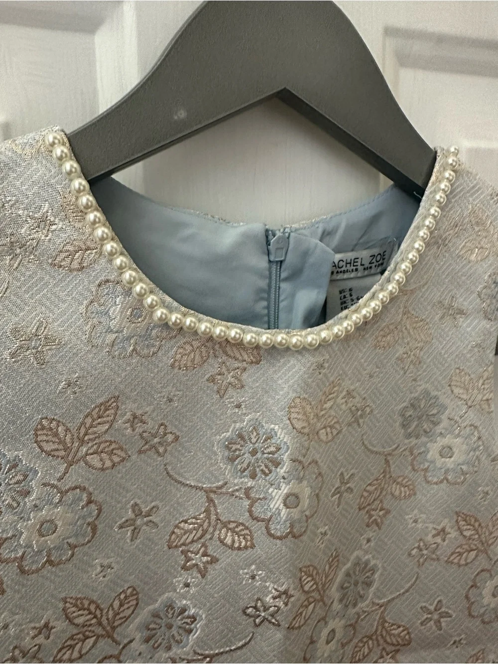 Rachel Zoe Pale Blue Gold Brocade Girls Dress with Pearl Trim Bow Headband NWT